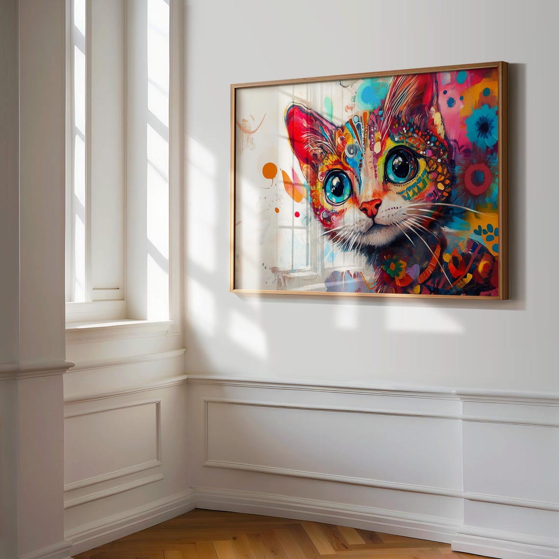 Mexican Folk Art Cat Face Big Blue Eyes Floral Mandala Boho Cat Poster - Image 3