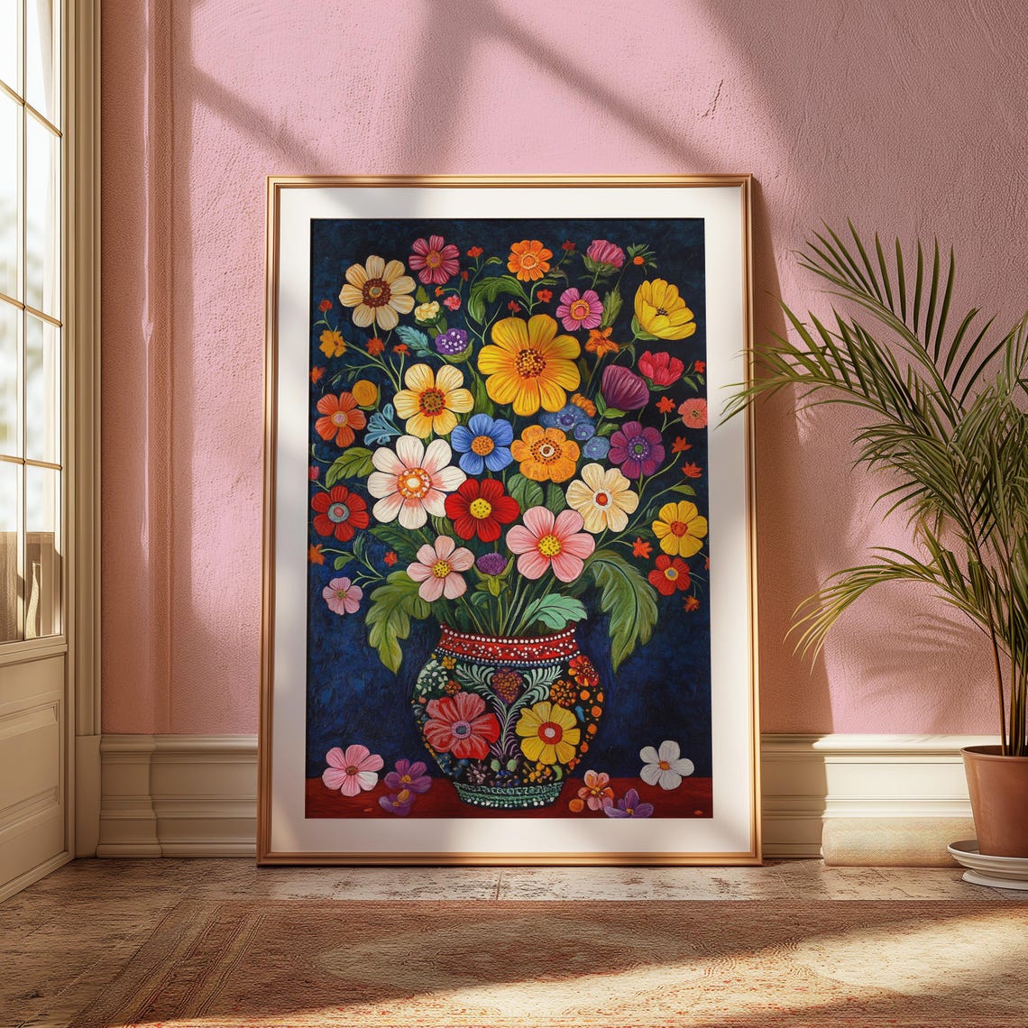 Folk Cosmos Daisy Bouquet Colorful Painted Pot Deep Blue Wall Art - Image 2