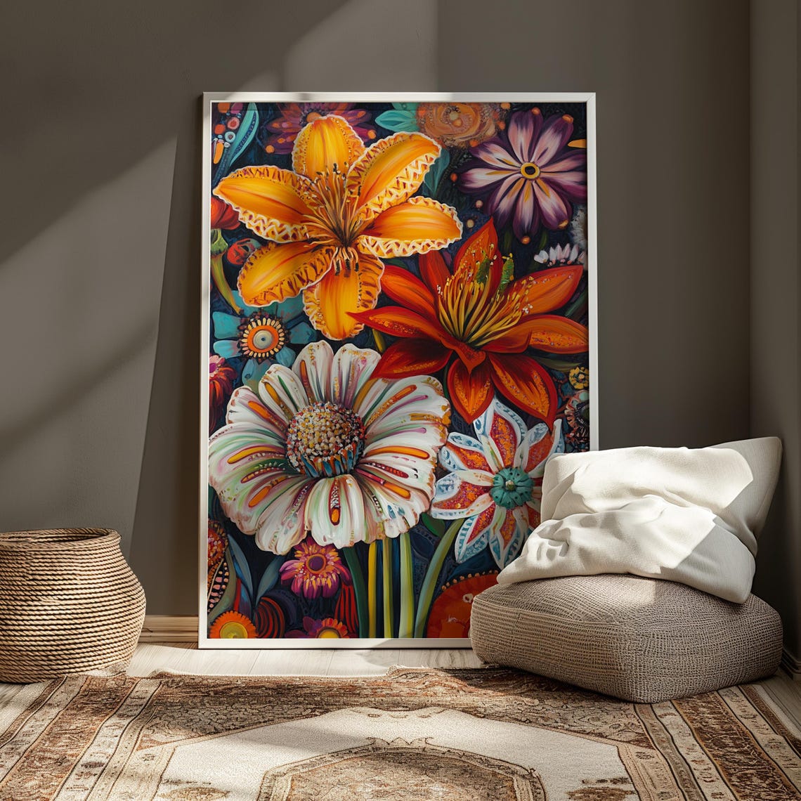 Fiery Lily Daisy Bouquet Orange Red White Floral Painting Poster - Image 3