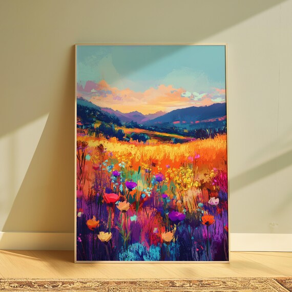 Wildflower Meadow Sunset Mountain View Impressionist Art Print