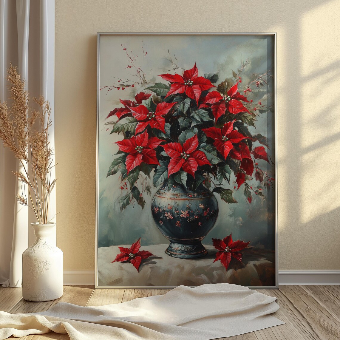 Red Poinsettia Dark Blue Floral Vase Soft Christmas Still Life Poster - Image 3