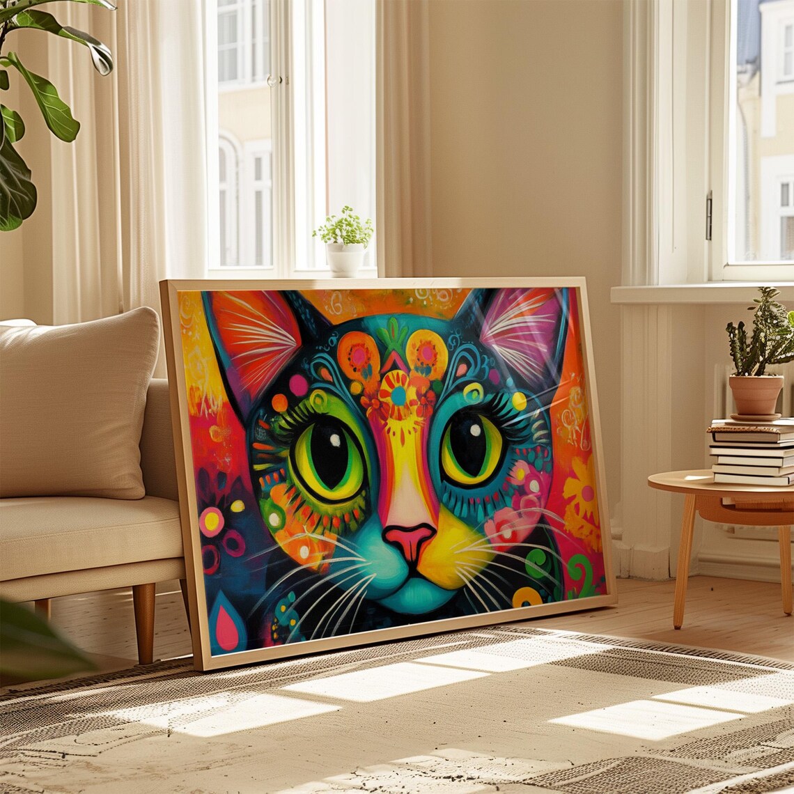 Vivid Cat Face Neon Carnival Patterns Huge Glowing Green Eyes Poster - Image 4