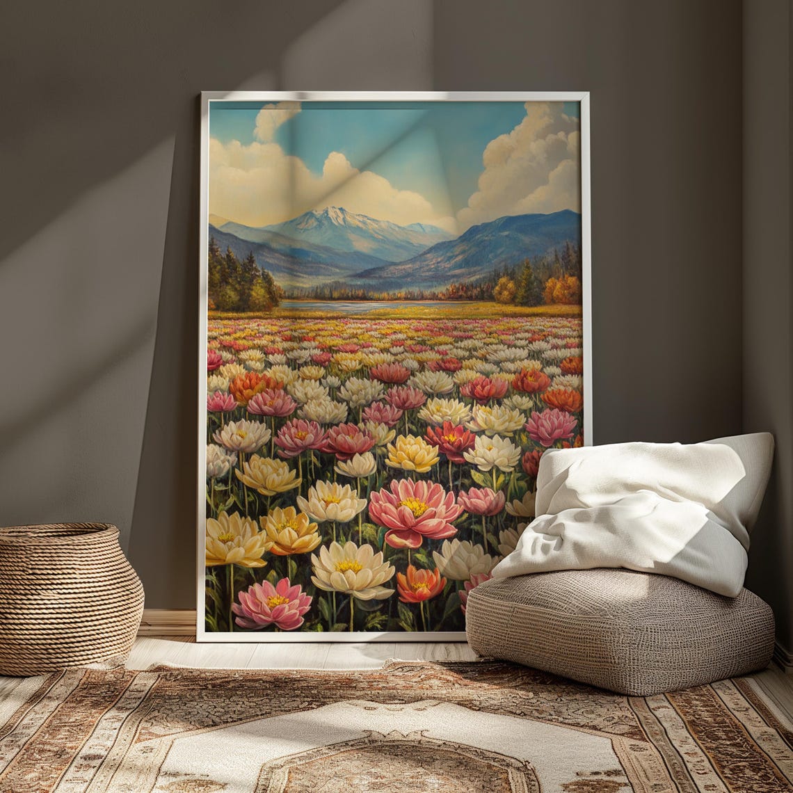 Pink Blossom Field Snow Capped Mountain Dramatic Cloudscape Art Poster - Image 3