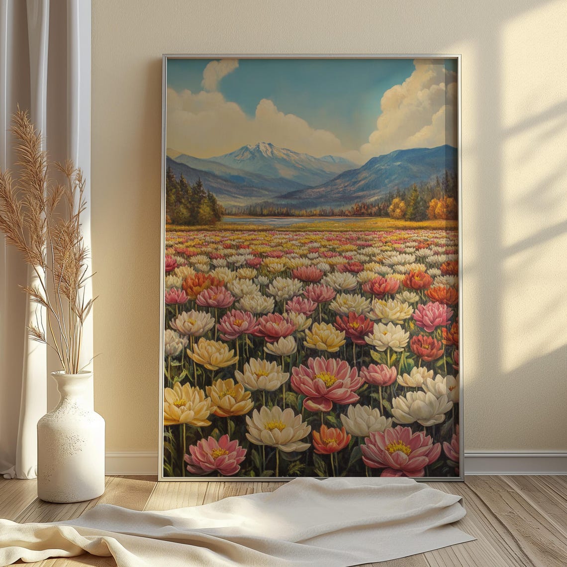 Pink Blossom Field Snow Capped Mountain Dramatic Cloudscape Art Poster - Image 2