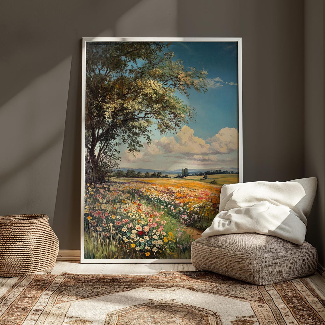 Blossoming Tree Wildflower Field Winding Path Golden Light Art Poster - Image 3