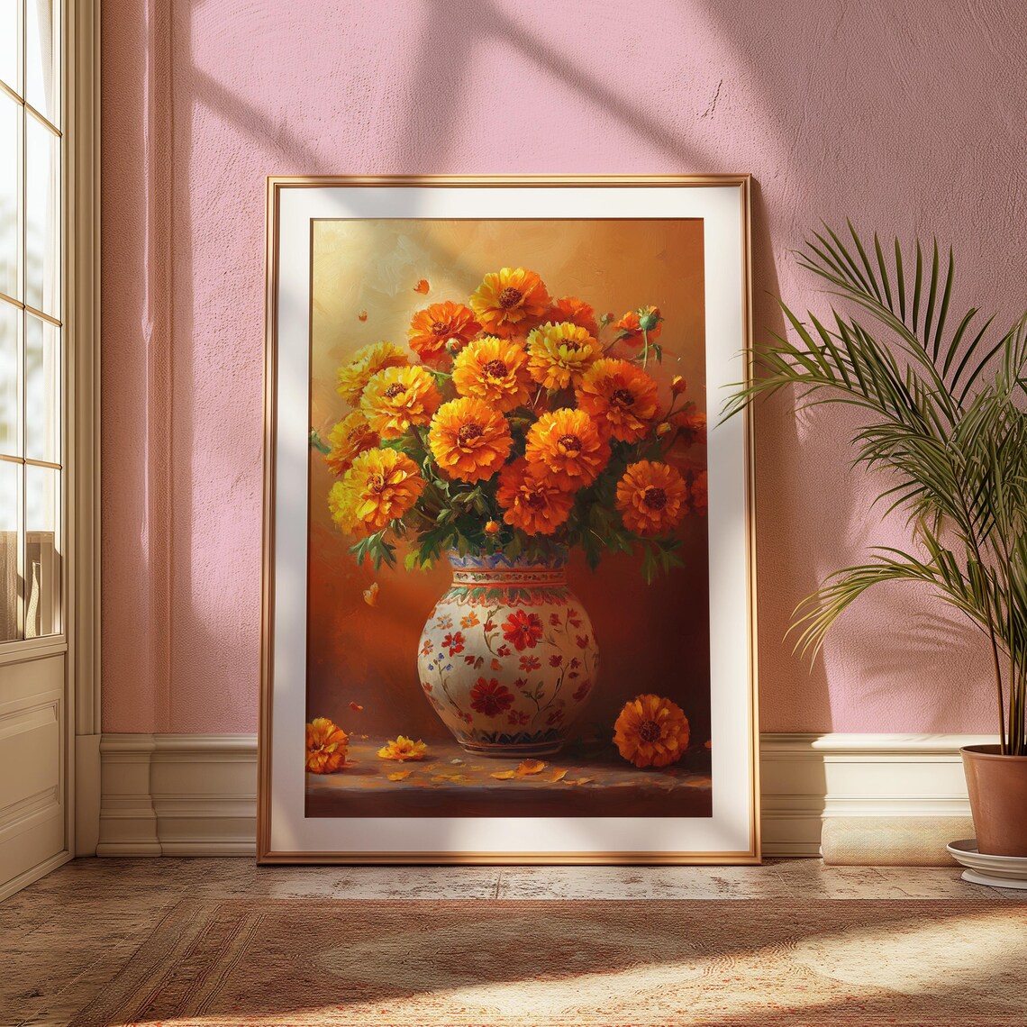 Golden Marigold Bouquet White Floral Vase Amber Warm Autumn Poster - Image 2
