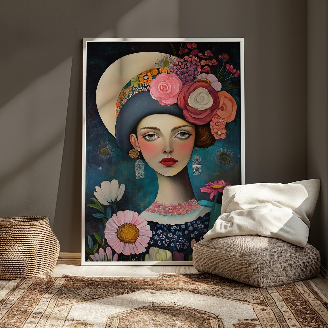 Surreal Woman Wide Brim Hat Pink Roses Teal Moonlit Floral Portrait Poster - Image 3