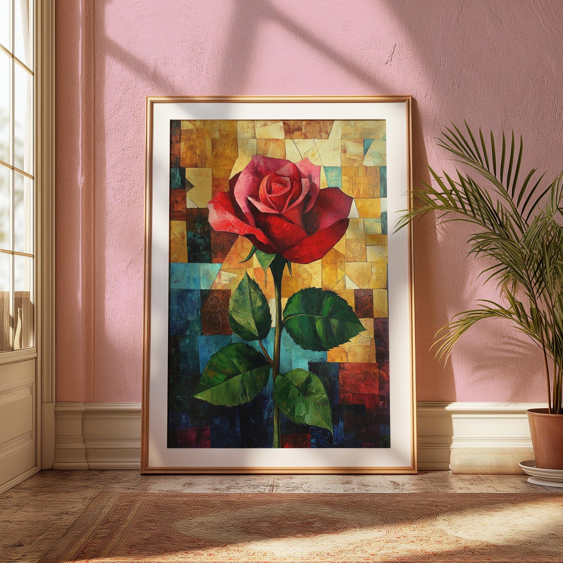 Red Rose Mosaic Tile Turquoise Gold Background Modern Floral Poster - Image 2