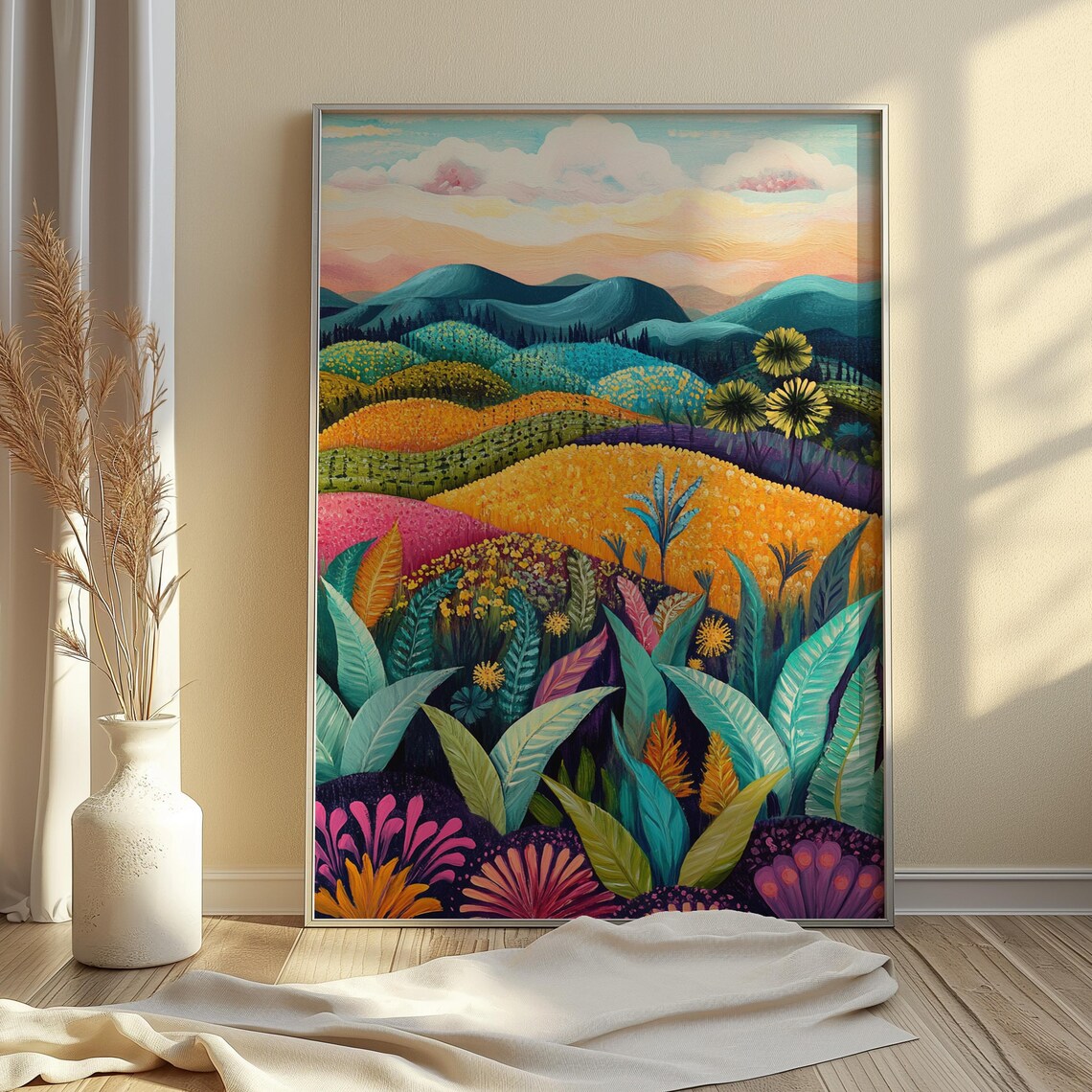 Quilted Rolling Hills Patchwork Meadows Teal Orange Folk Art Landscape Poster - Image 4