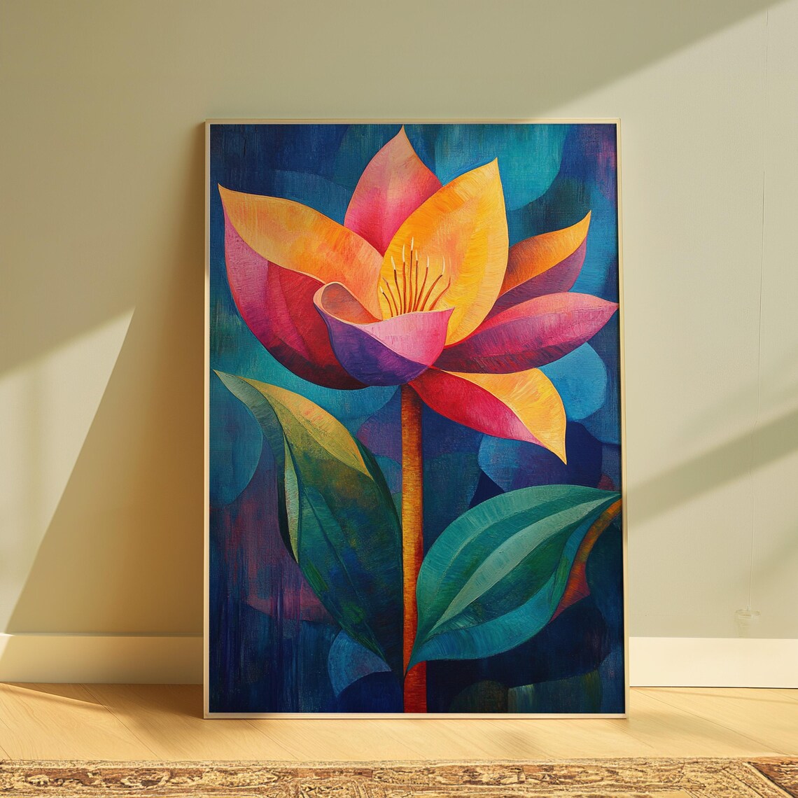 Pink Orange Lotus Bloom Dark Teal Leaf Floral Painting Poster