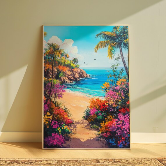 Tropical Beach Cove Palm Trees Turquoise Water Colorful Paradise Poster