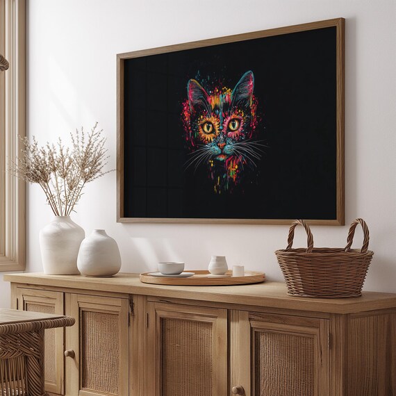 Small Neon Splatter Floral Cat Face Yellow Eyes Black Background Poster