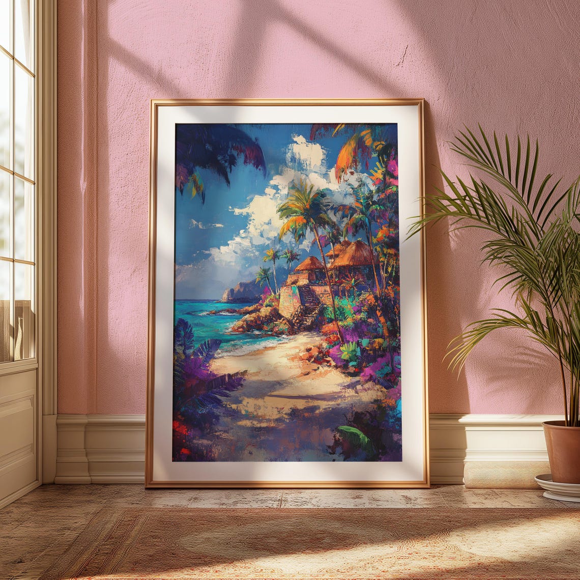 Tropical Beach Palm Trees Ocean View Colorful Coastal Art Print - Image 2