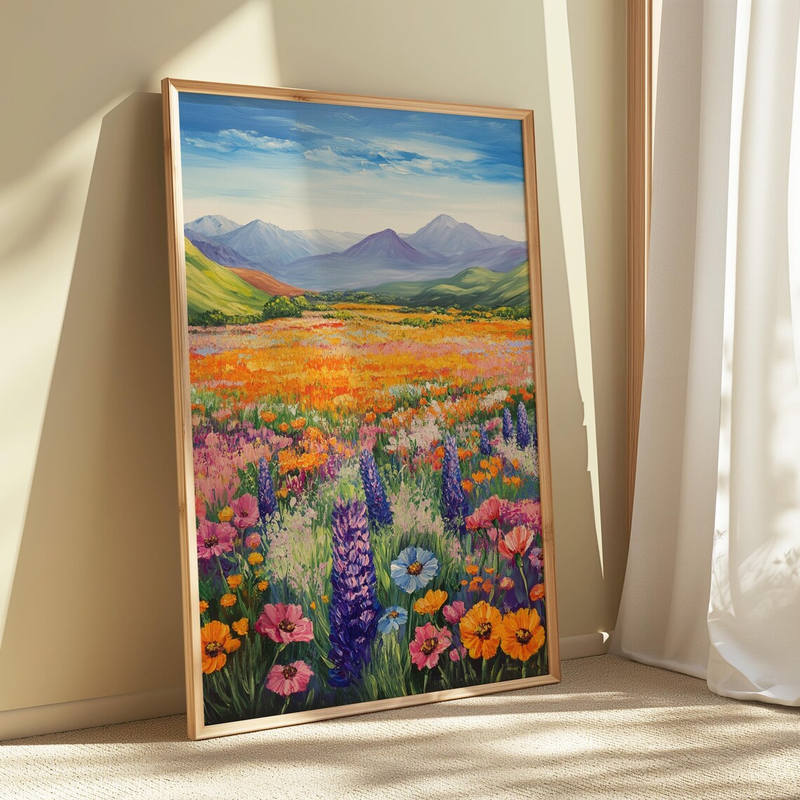 Sunny Wildflower Meadow Blue Flowers Mountain Landscape Art Print - Image 5