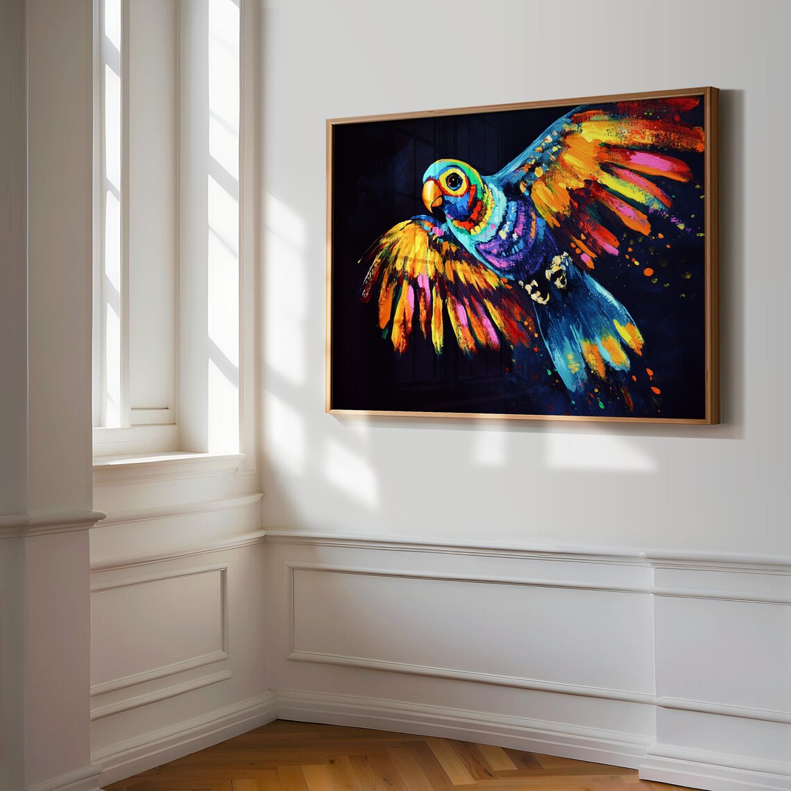 Rainbow Parrot In Flight Black Background Color Splash Poster - Image 3