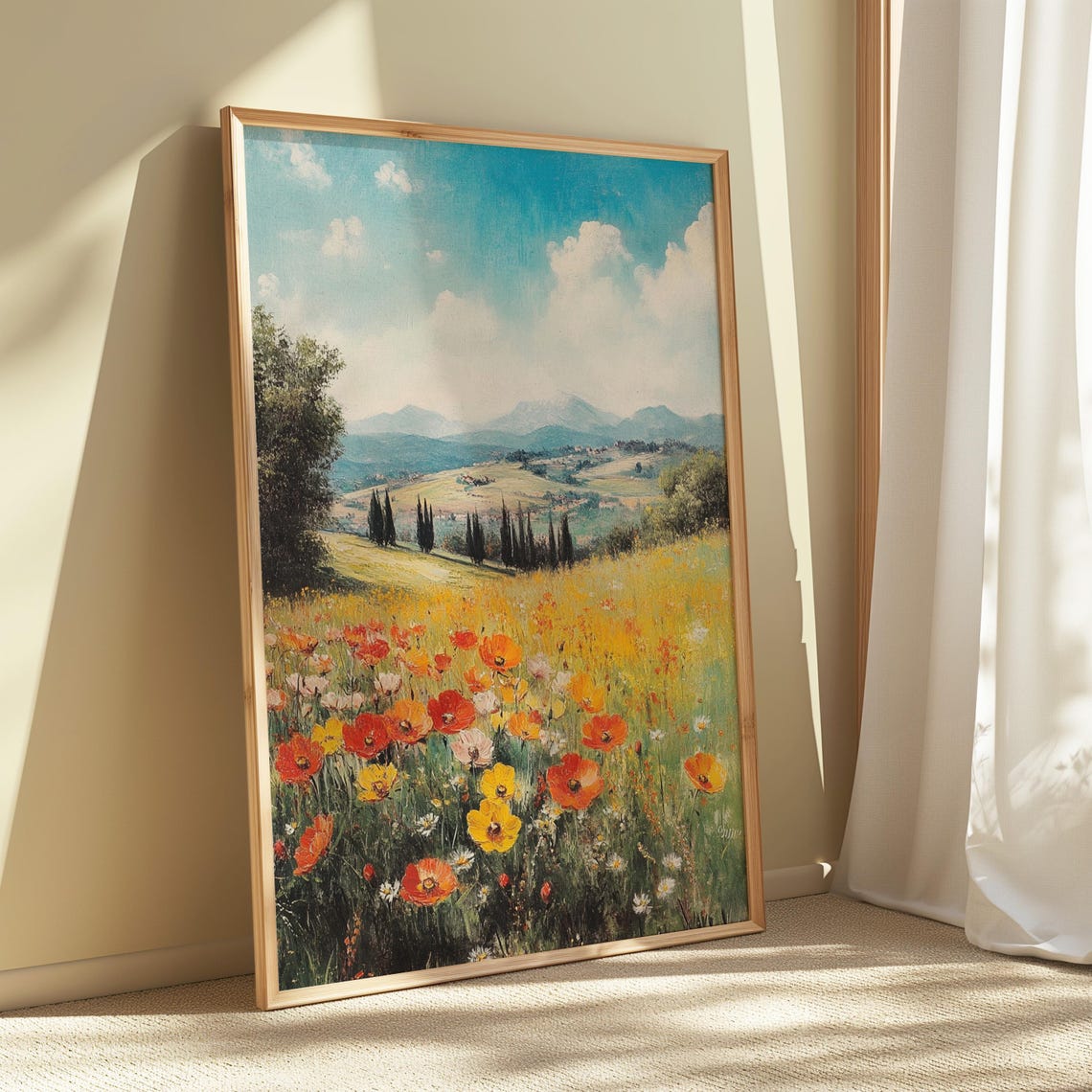 Red Poppy Meadow Cypress Trees Rolling Hills Impressionist Art Poster - Image 4