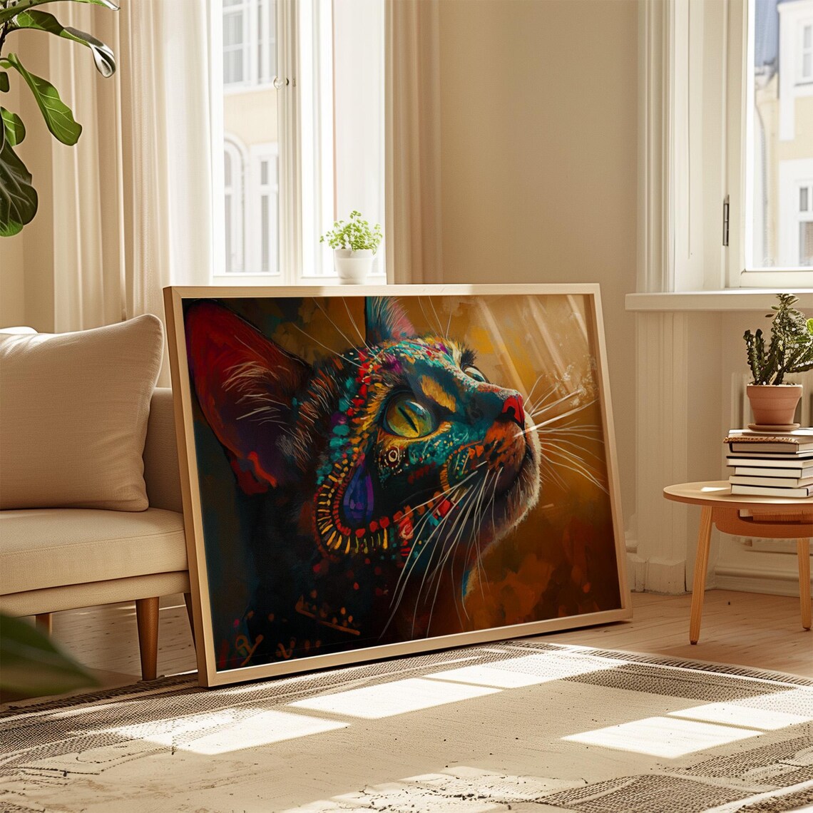 Oil Paint Cat Profile Looking Up Teal Orange Impasto Warm Golden Wall Art - Image 4