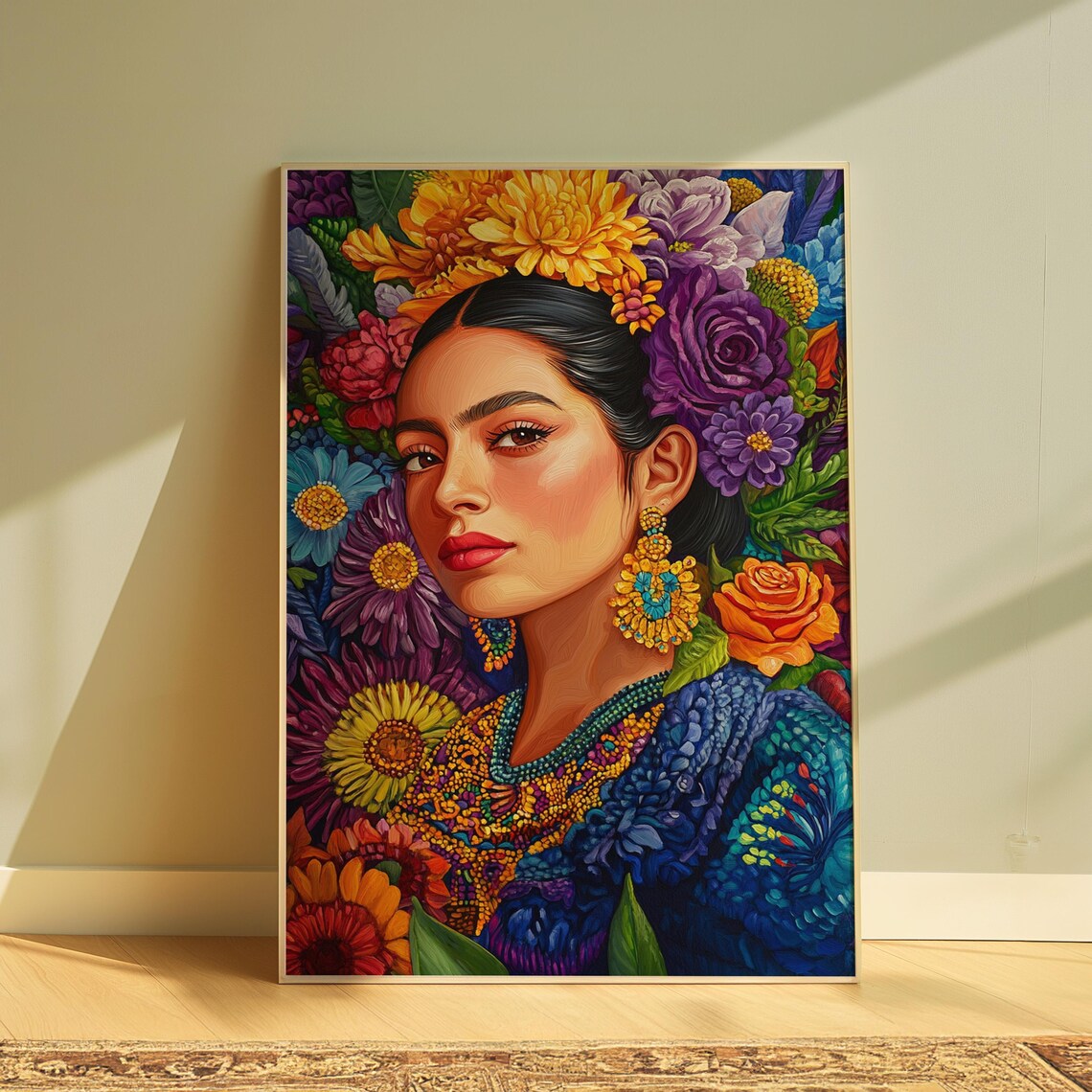 Vibrant Mexican Folk Portrait Woman Blue Dress Gold Jewelry Floral Poster