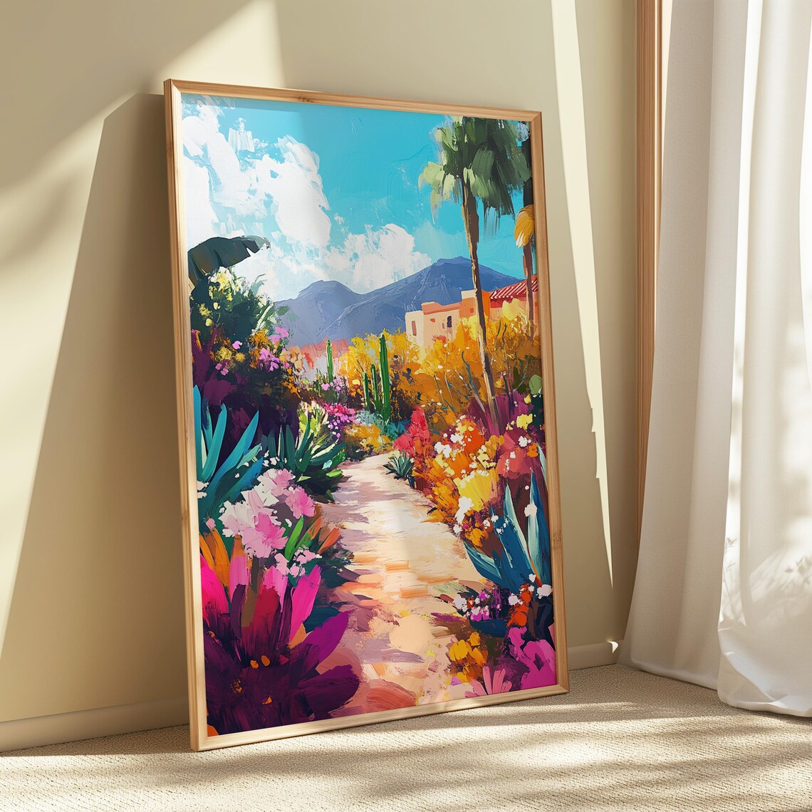 Tropical Hacienda Garden Path Palm Trees Agave Pink Blooms Mountain View Poster - Image 5