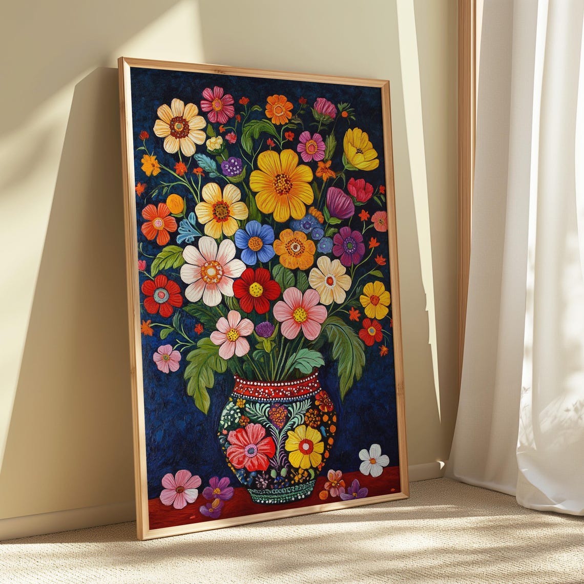 Folk Cosmos Daisy Bouquet Colorful Painted Pot Deep Blue Wall Art - Image 5