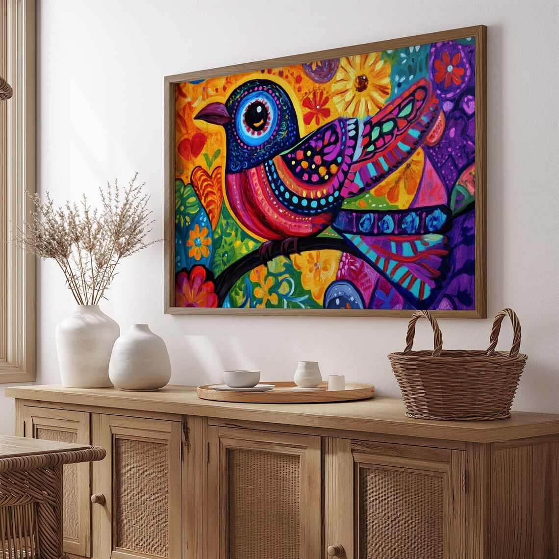 Magenta Folk Art Bird Raised Wing Floral Fiesta Wall Art Print