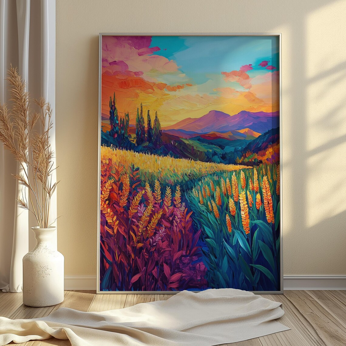 Mountain Valley Sunset Golden Wheat Field Vibrant Landscape Wall Art Poster - Image 4