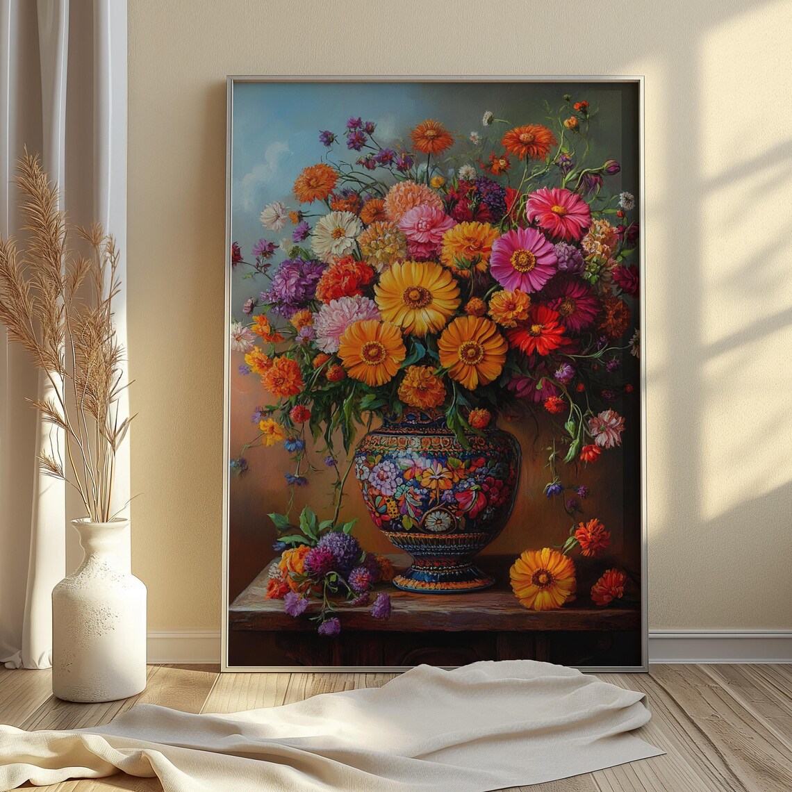 Mexican Folk Art Colorful Wildflower Bouquet In Ornate Vase Wall Print - Image 3