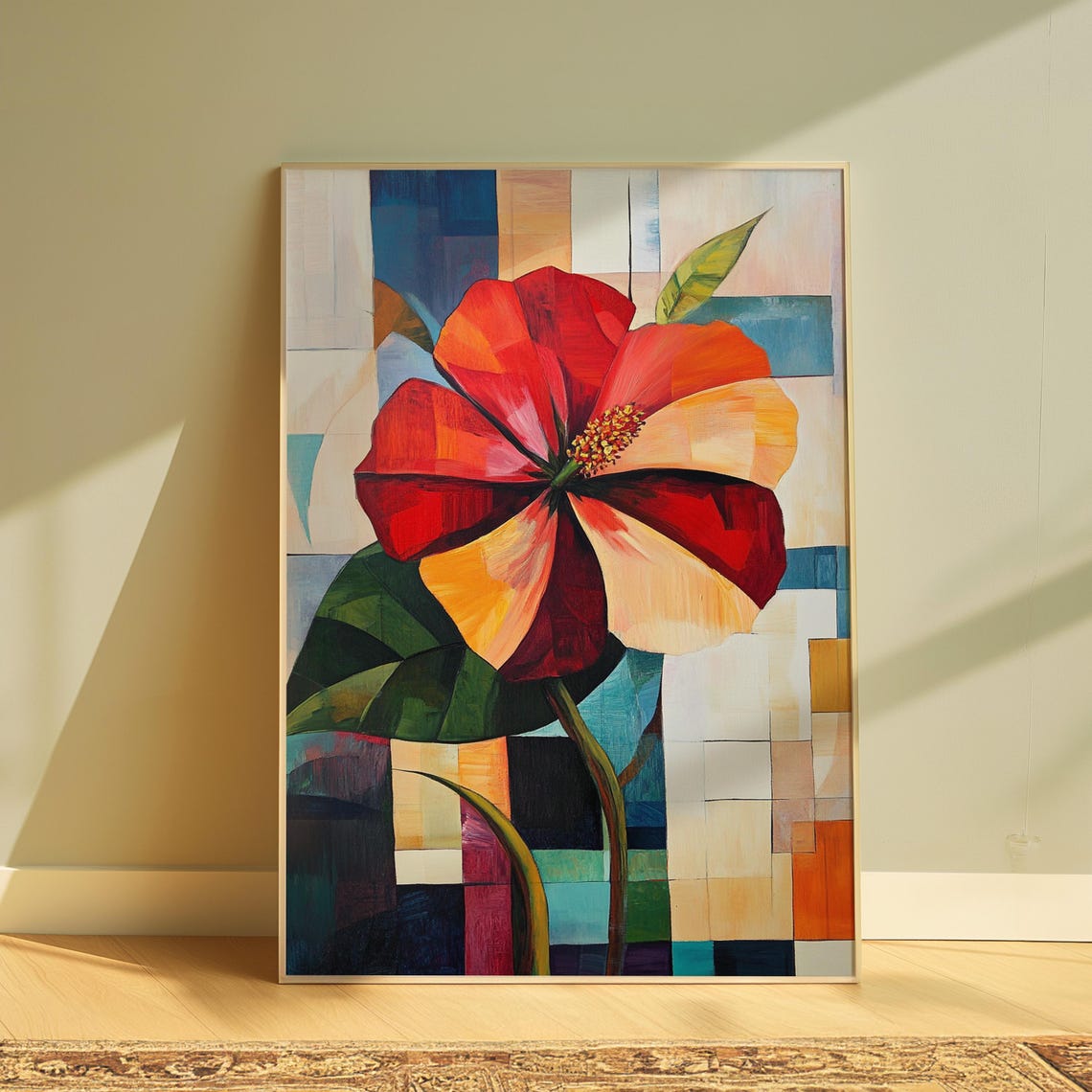 Hibiscus Bloom Patchwork Mosaic Light Background Floral Art Poster