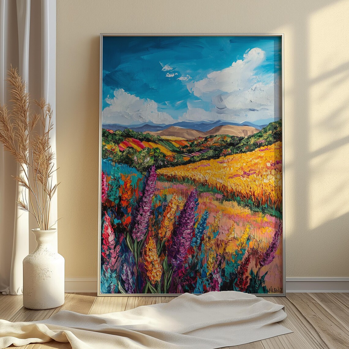 Vibrant Lupines Golden Wheat Fields Rolling Red Hills Blue Sky Landscape Poster - Image 4