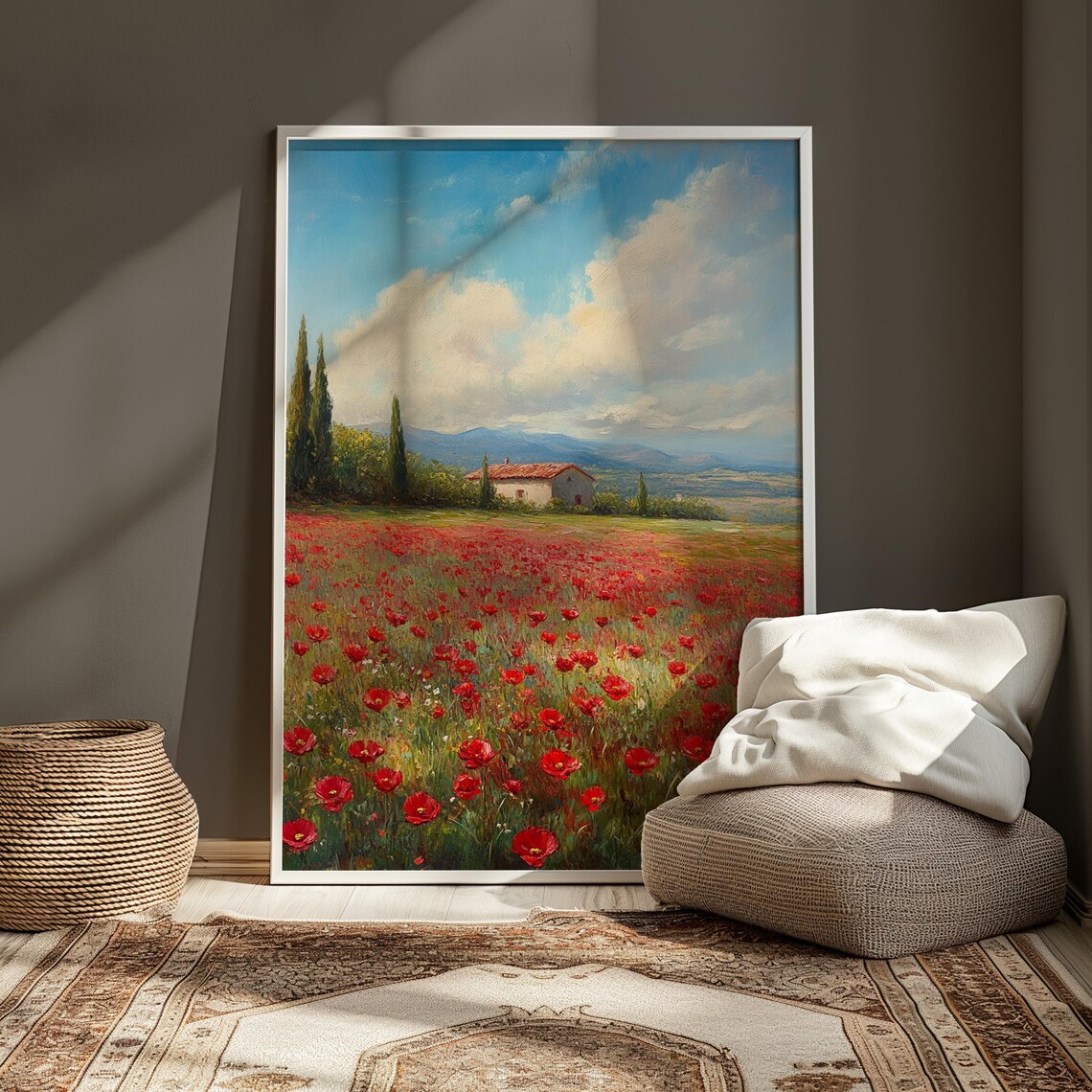 Red Poppy Field Tuscan Farmhouse Cypress Trees Blue Sky Painting Poster - Image 3