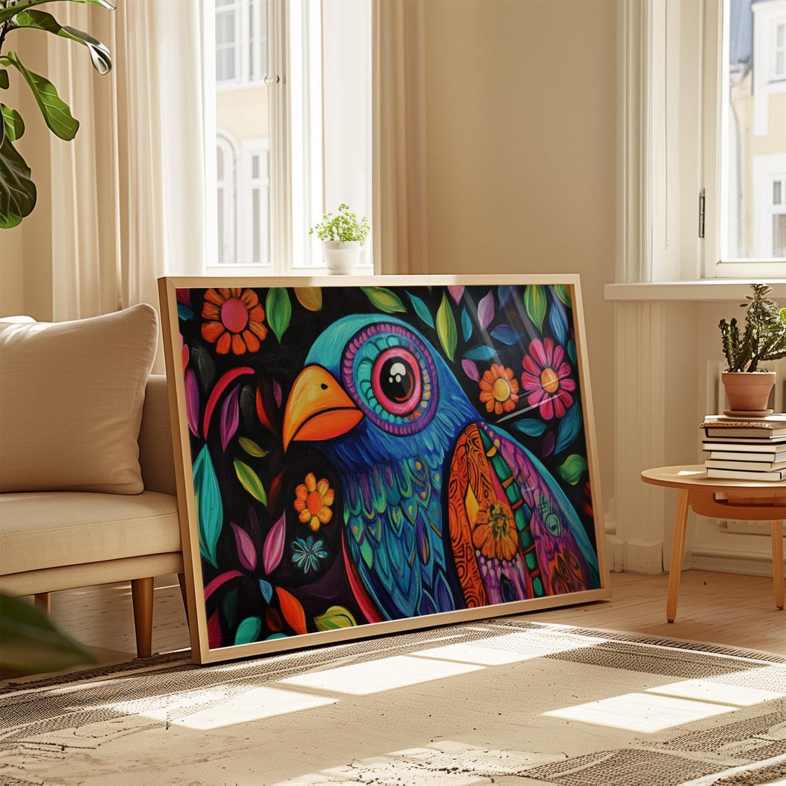 Close Up Blue Bird Portrait Orange Beak Alebrije Night Bloom Art Print - Image 4
