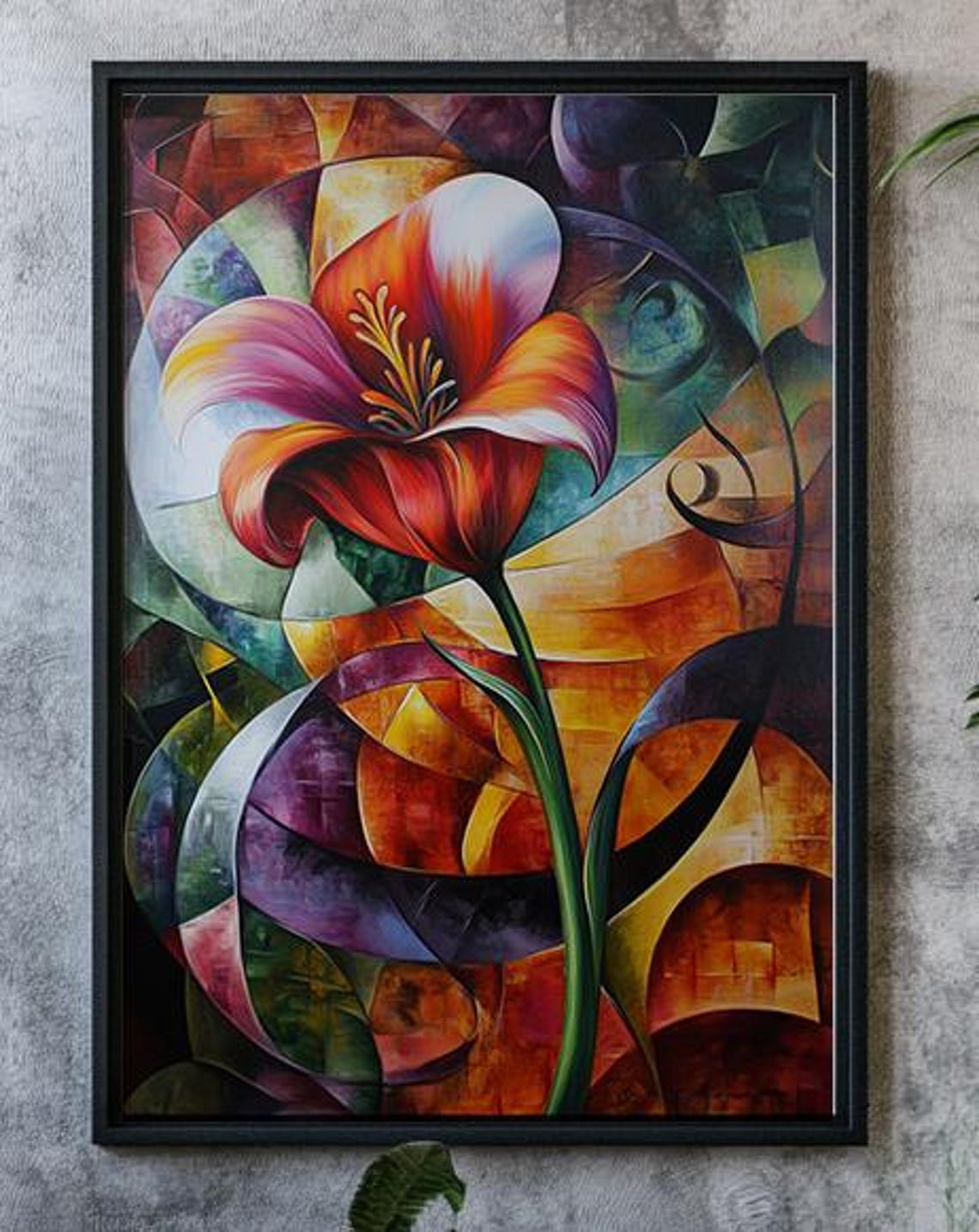 Bold Abstract Orange Lily Cubist Floral Painting Modern Wall Art
