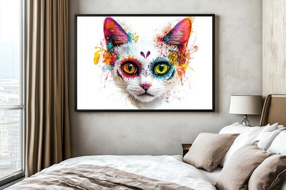 Playful White Cat With Orange Green Eyes Paint Splatter Poster