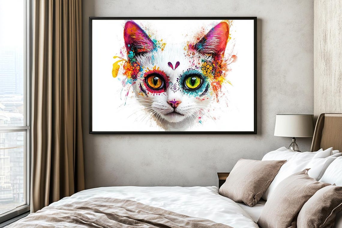 Playful White Cat With Orange Green Eyes Paint Splatter Poster
