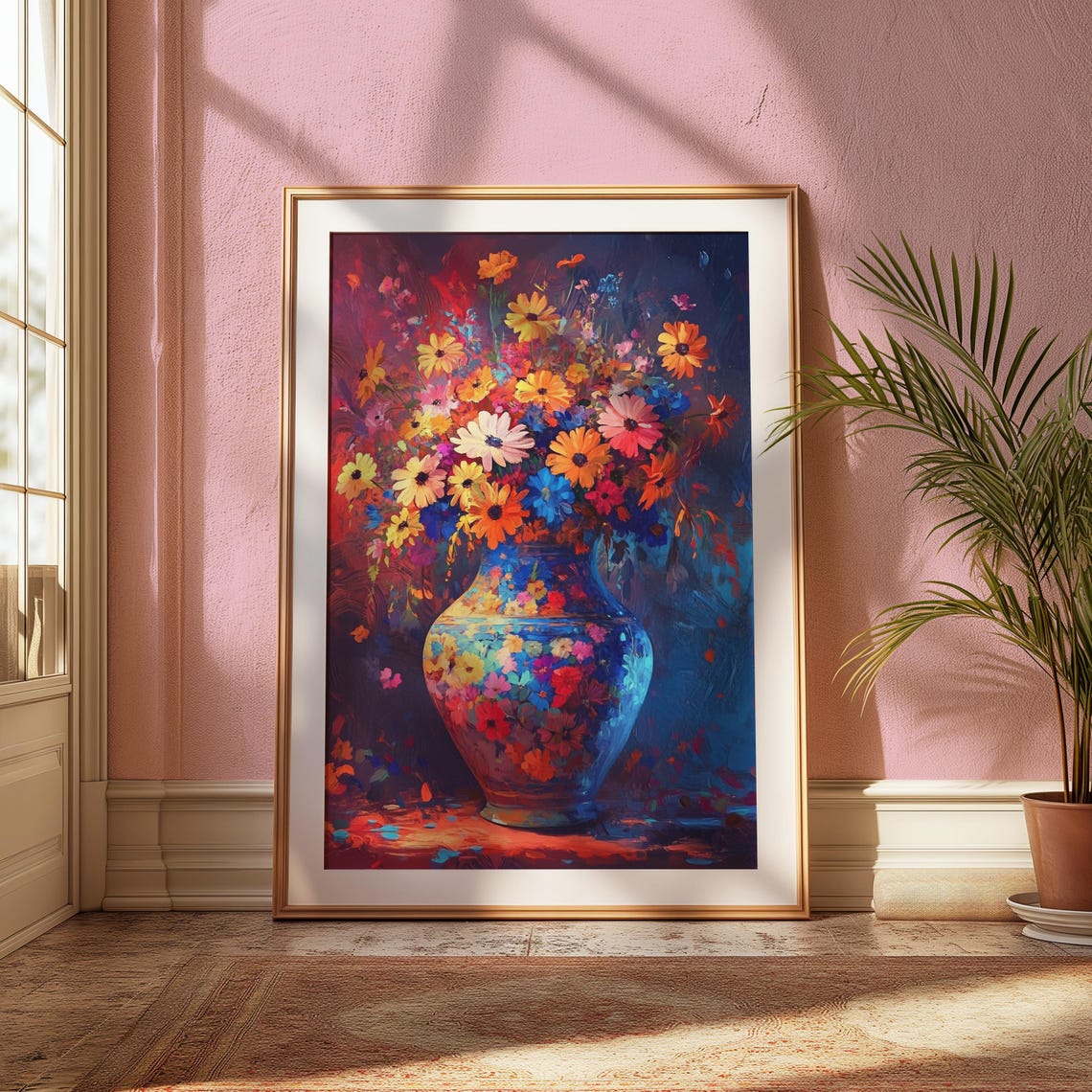 Impressionistic Daisy Bouquet in Painted Blue Vase Dark Floral Poster - Image 2