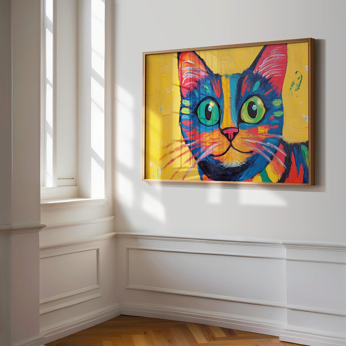 Cat Face Close Up Big Green Eyes Blue Red Texture Yellow Background Poster - Image 3