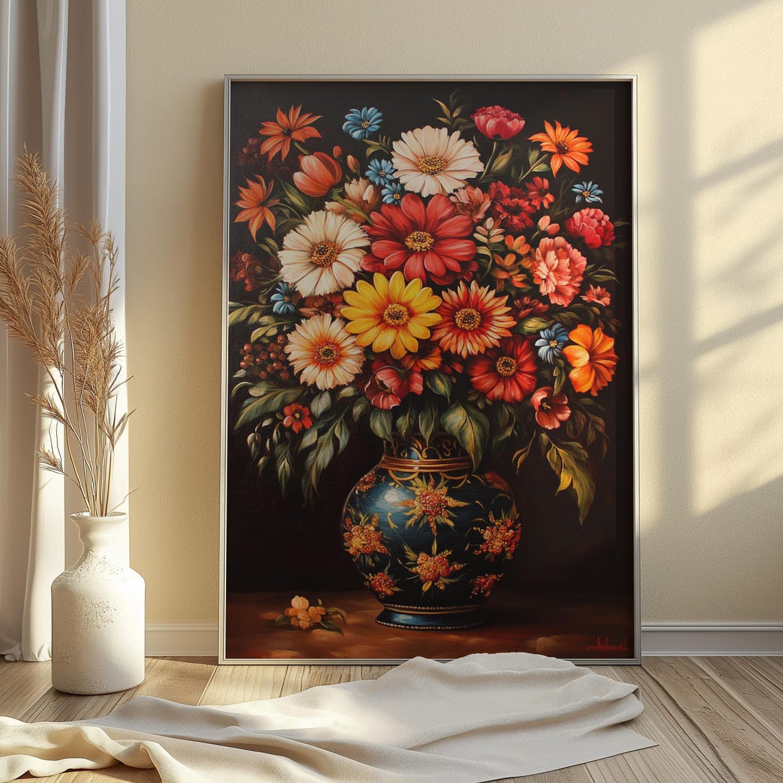 Classic Garden Bouquet Red White Daisies Dark Blue Floral Vase Poster - Image 3
