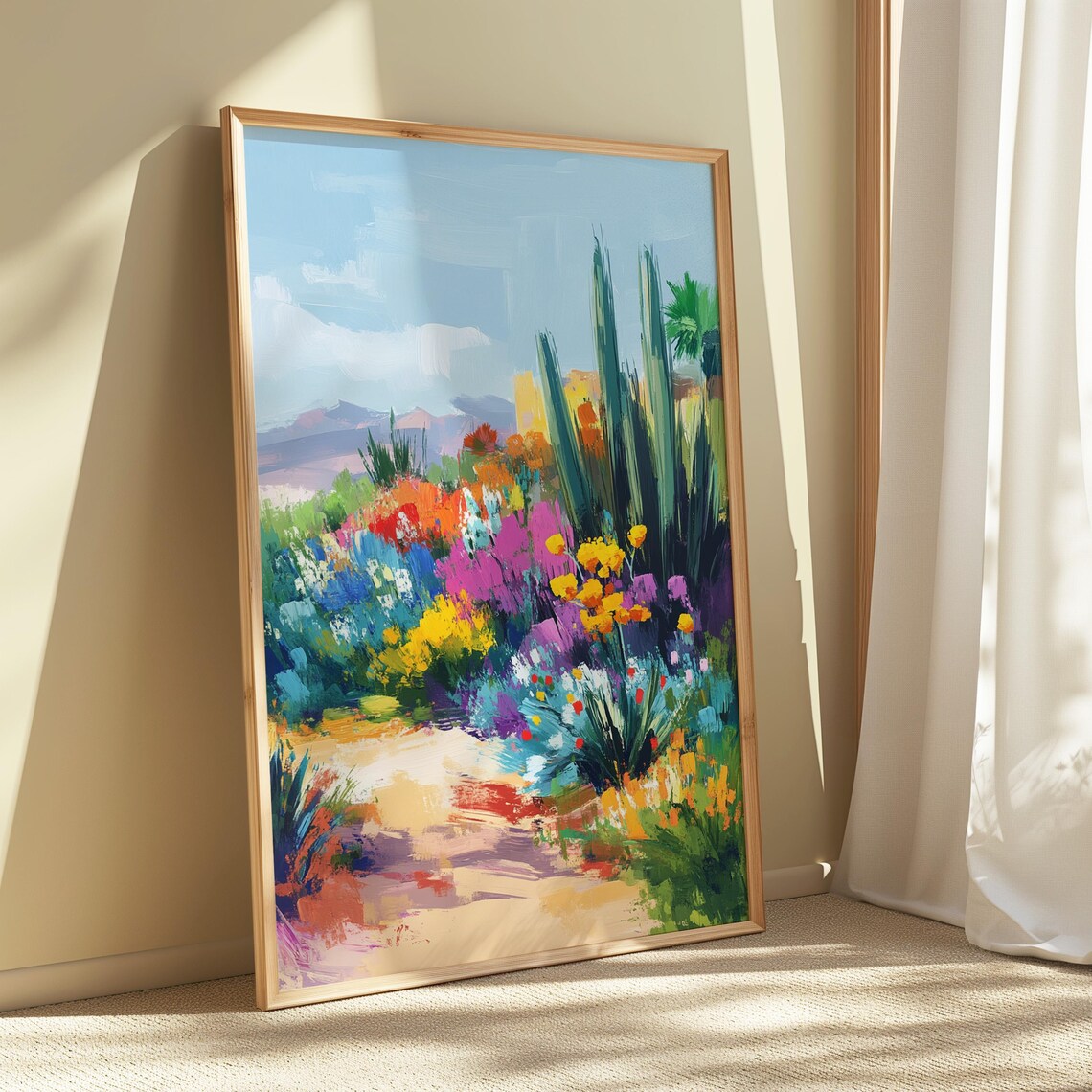Soft Desert Garden Blooming Bushes Tall Cacti Sandy Path Pastel Landscape Poster - Image 5