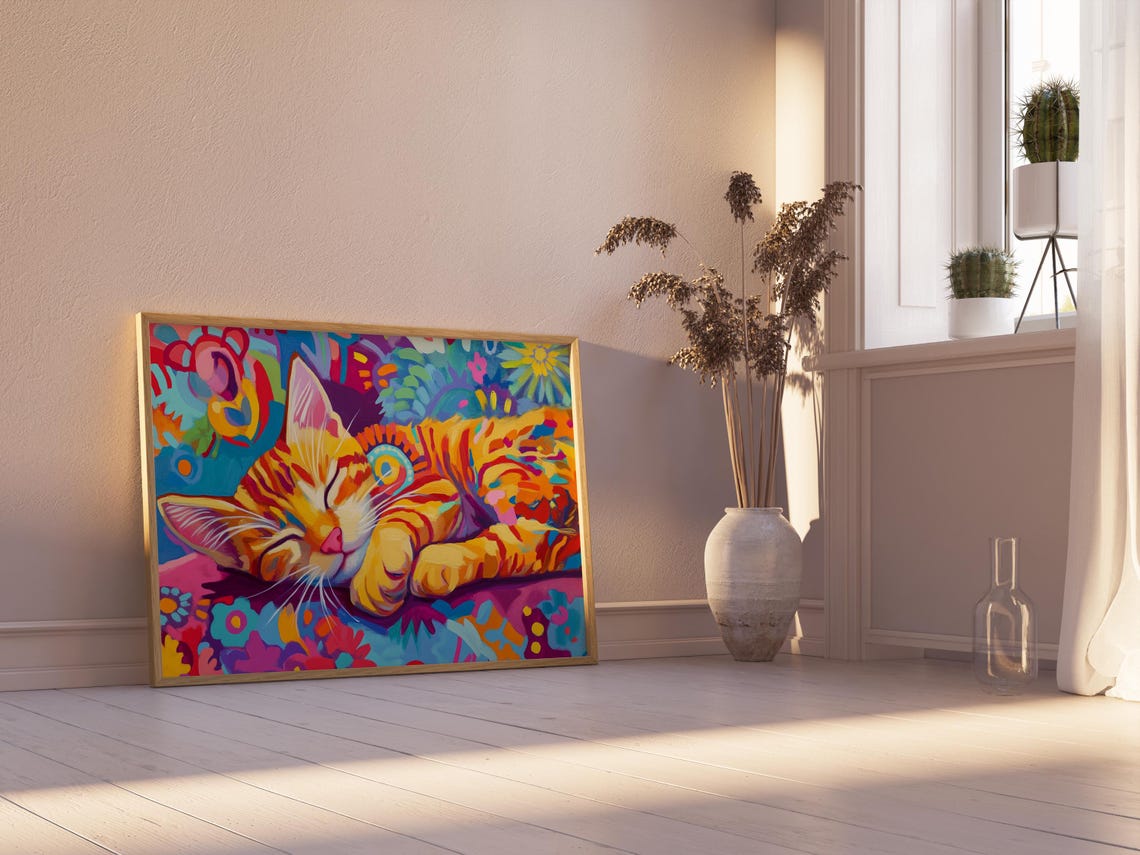 Sleeping Orange Kitten On Floral Blanket Dreamy Colors Poster - Image 2