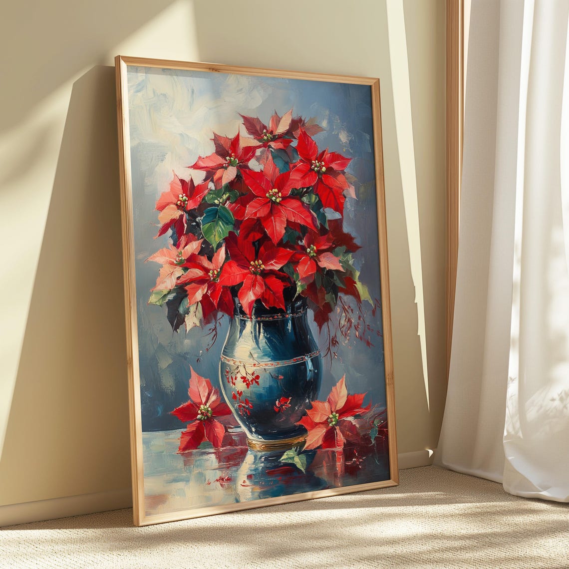 Red Poinsettia Bouquet in Blue Talavera Vase Holiday Floral Poster - Image 5