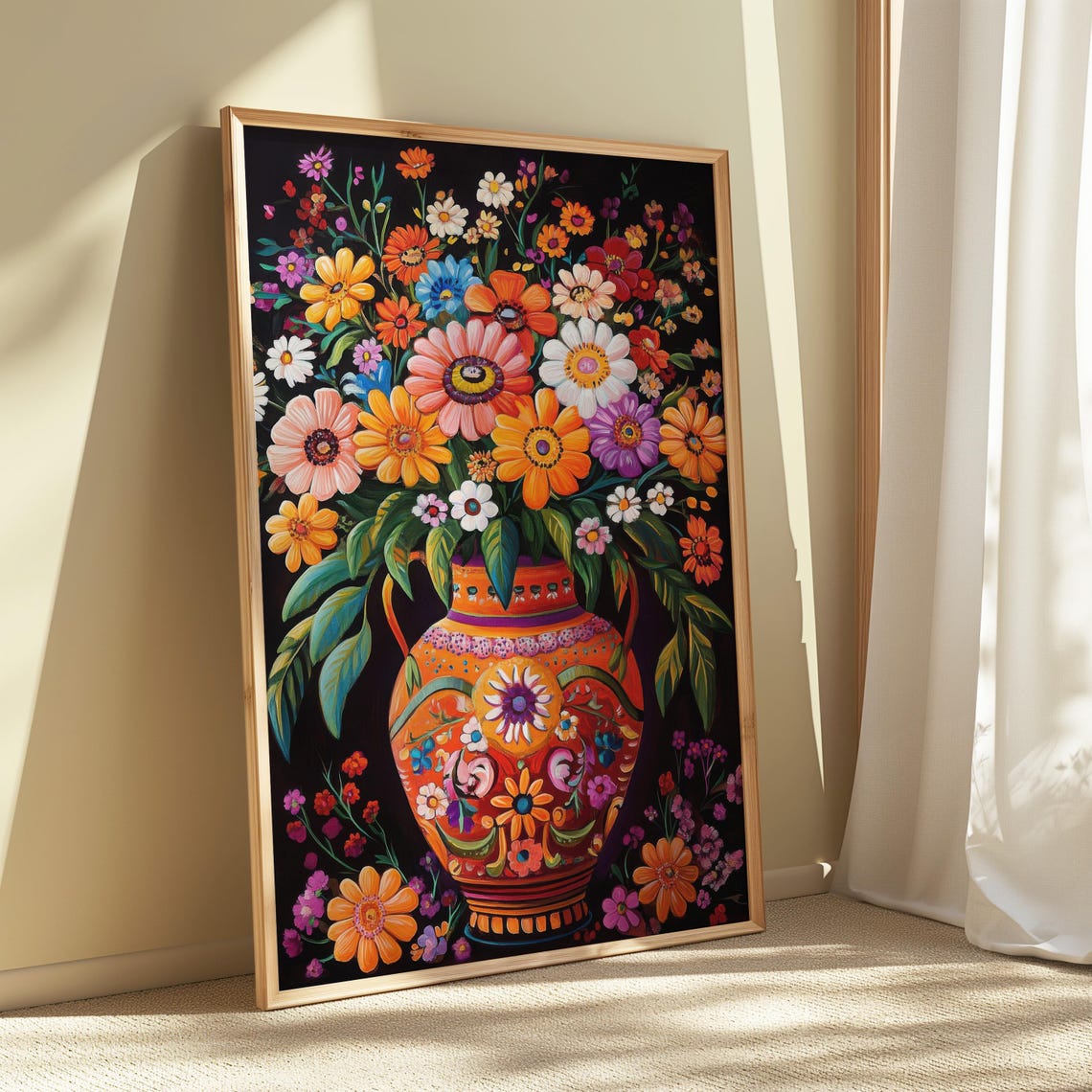 Folk Art Wildflower Bouquet Orange Mexican Vase Black Floral Wall Art - Image 5