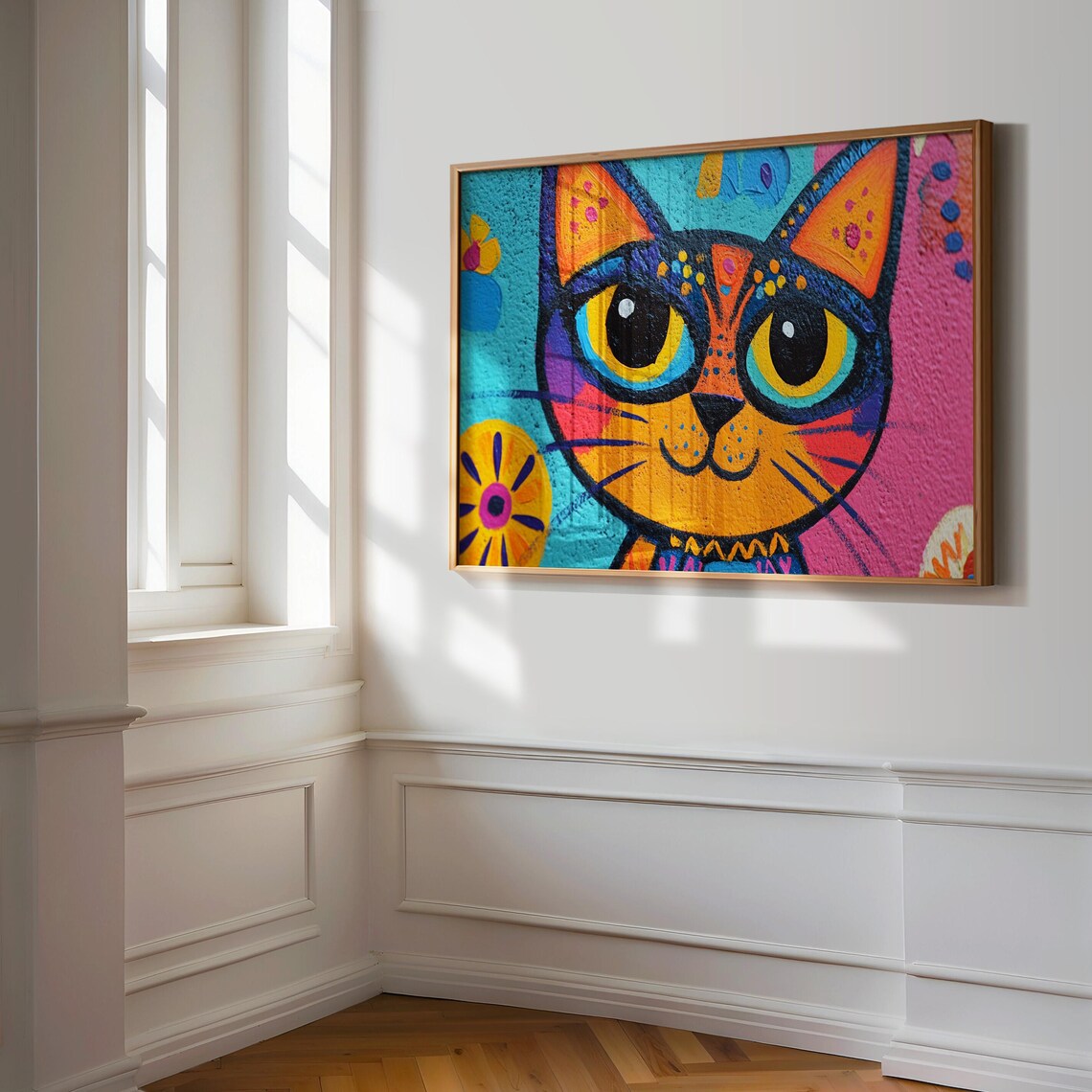 Pop Art Cartoon Cat Huge Yellow Eyes Pink Blue Bold Fun Cat Wall Poster - Image 3