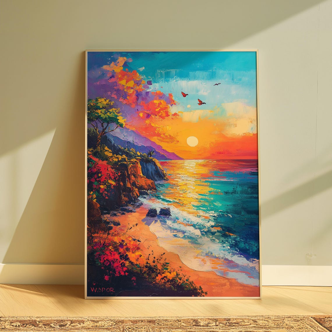 Coastal Sunset Rocky Cliffs Beach Birds Colorful Ocean Art Print