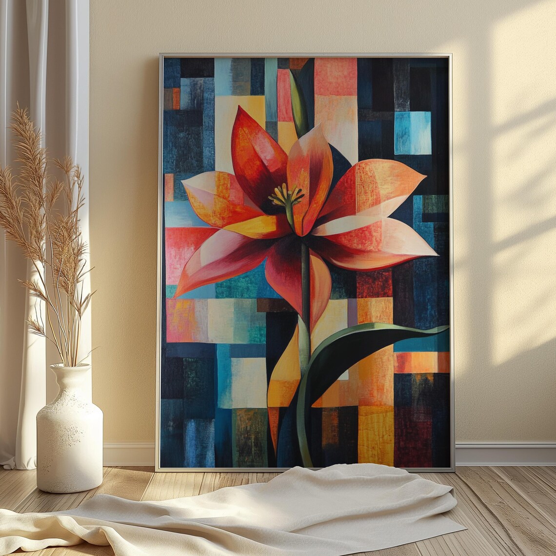 Red Lotus Bloom Blue Block Mosaic Background Modern Floral Poster - Image 4