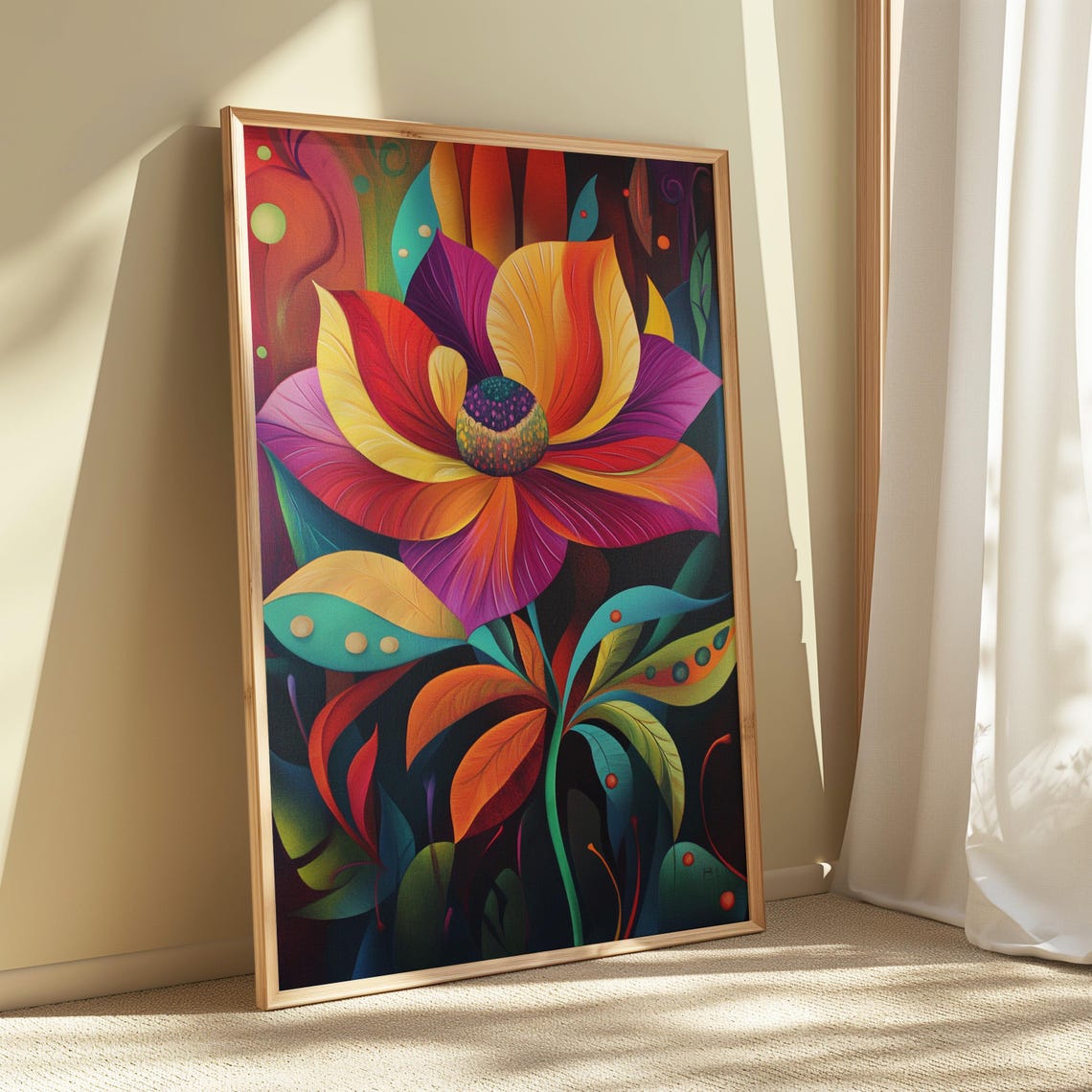 Fiery Sunset Bloom Dark Background Vivid Abstract Floral Art Poster - Image 5