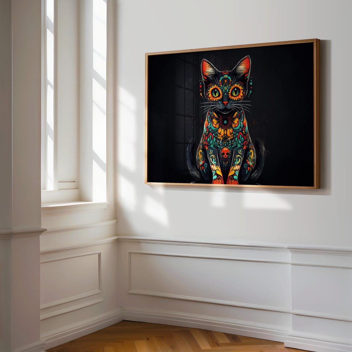 Sitting Black Cat Full Body Day of Dead Marigold Skull Motif Wall Art - Image 3