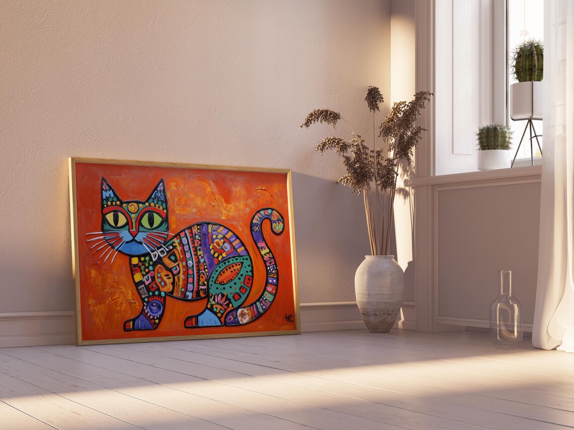 Sitting Cat Colorful Patchwork Mosaic Patterns Bright Orange Art Poster - Image 2