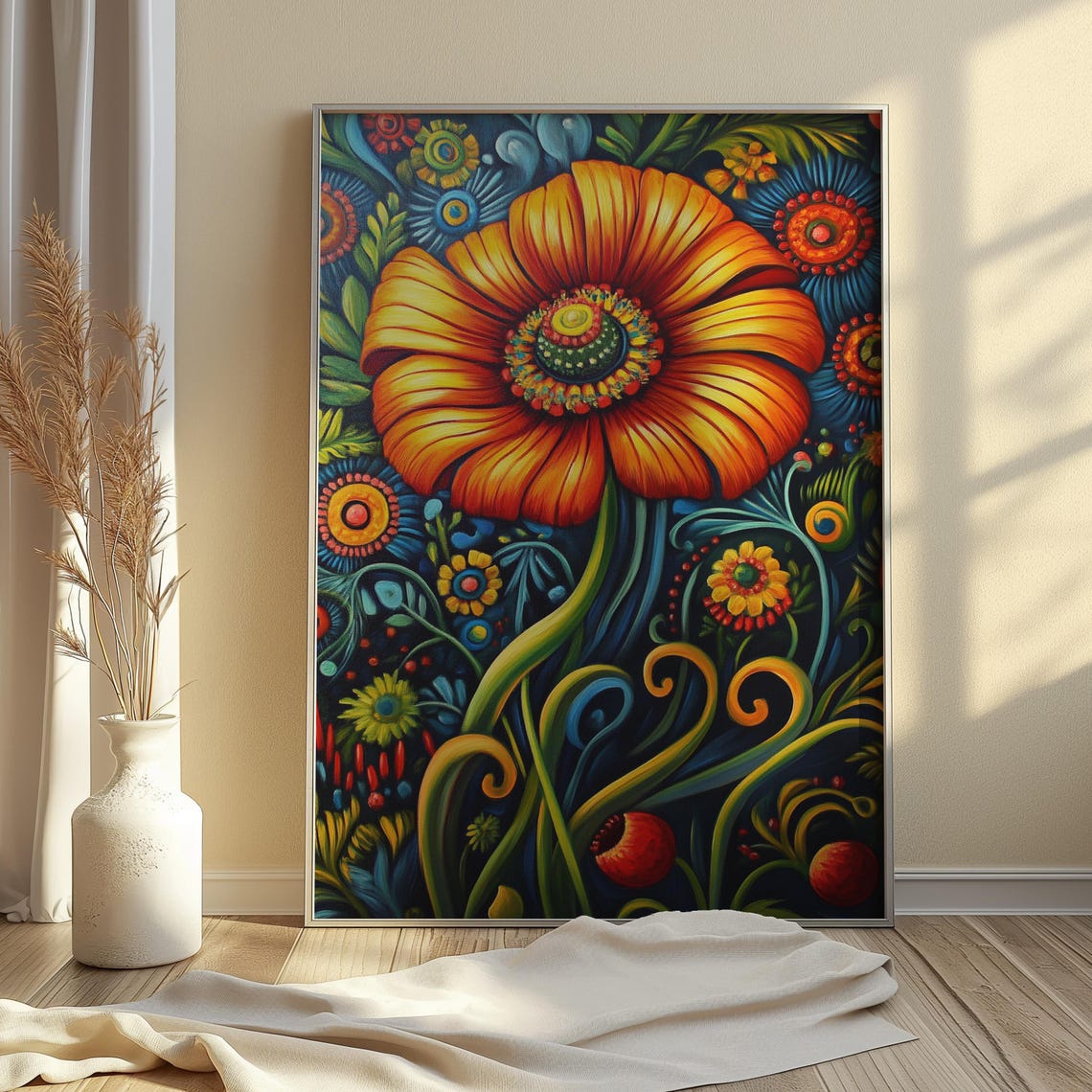 Giant Orange Daisy Detailed Center Blue Night Garden Bloom Poster - Image 4