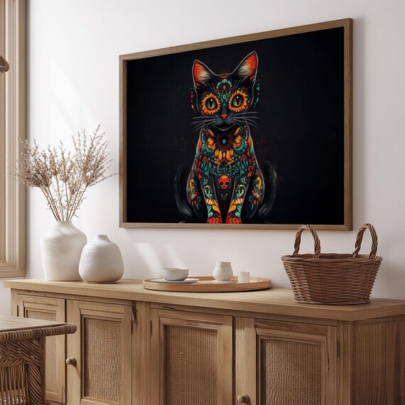 Sitting Black Cat Full Body Day of Dead Marigold Skull Motif Wall Art