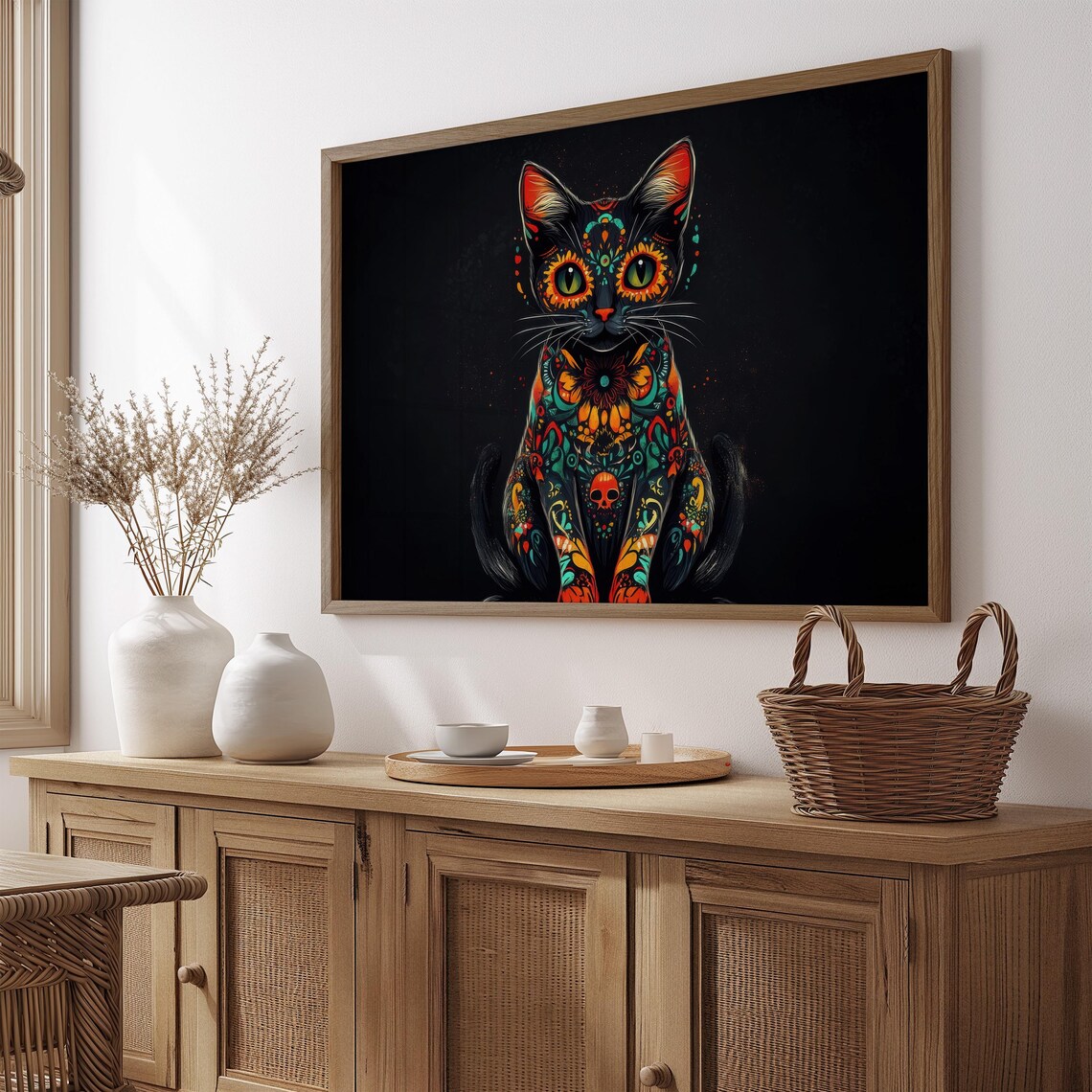 Sitting Black Cat Full Body Day of Dead Marigold Skull Motif Wall Art